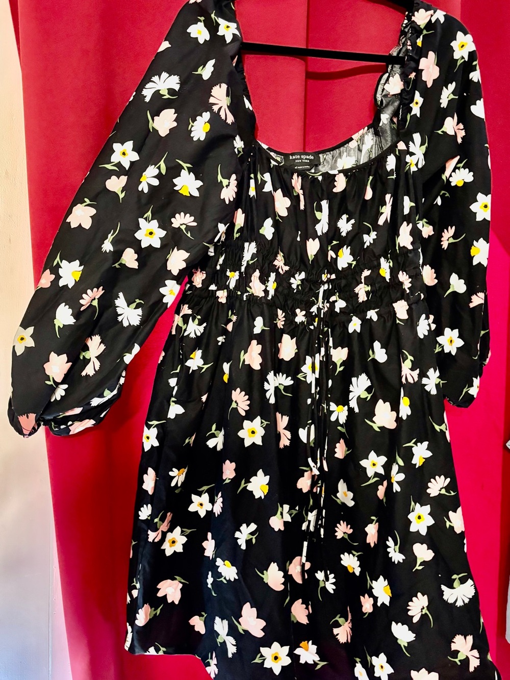 kate spade Black Floral Smocked Waist Midi Dress with Pink & White Flowers